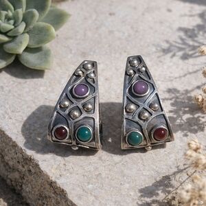 Vintage Mexican Sterling Silver Earrings 925 Mexico Modernist Cabochon Inlay
